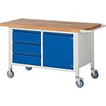 Mobile Workbenches 8468 Series BASIC-8 with 3 drawers and hinged door with solid beech worktop, 40 mm